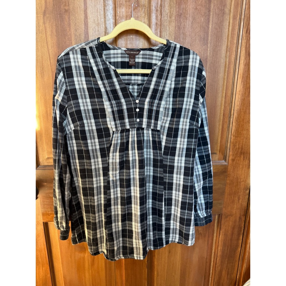 Bit &‎ Bridle Plaid Long Sleeve Tunic Shirt Size L Cotton Blend Button Front